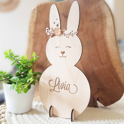 Décoration de Pâques en bois avec lapin gravé Mademoiselle Lapinou